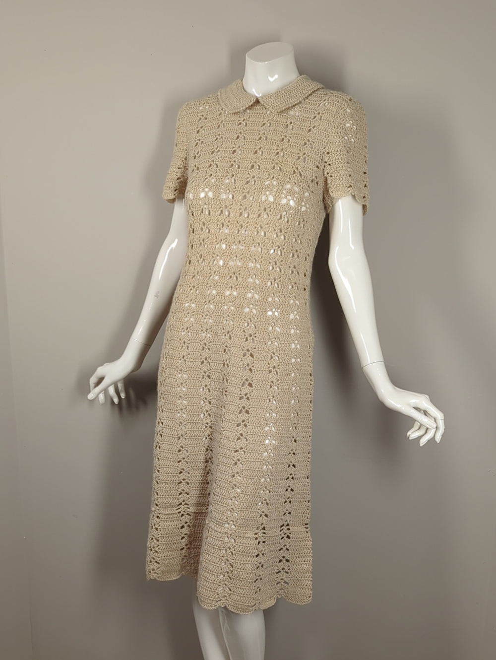 Beige Crochet Collar Midi Dress M 8